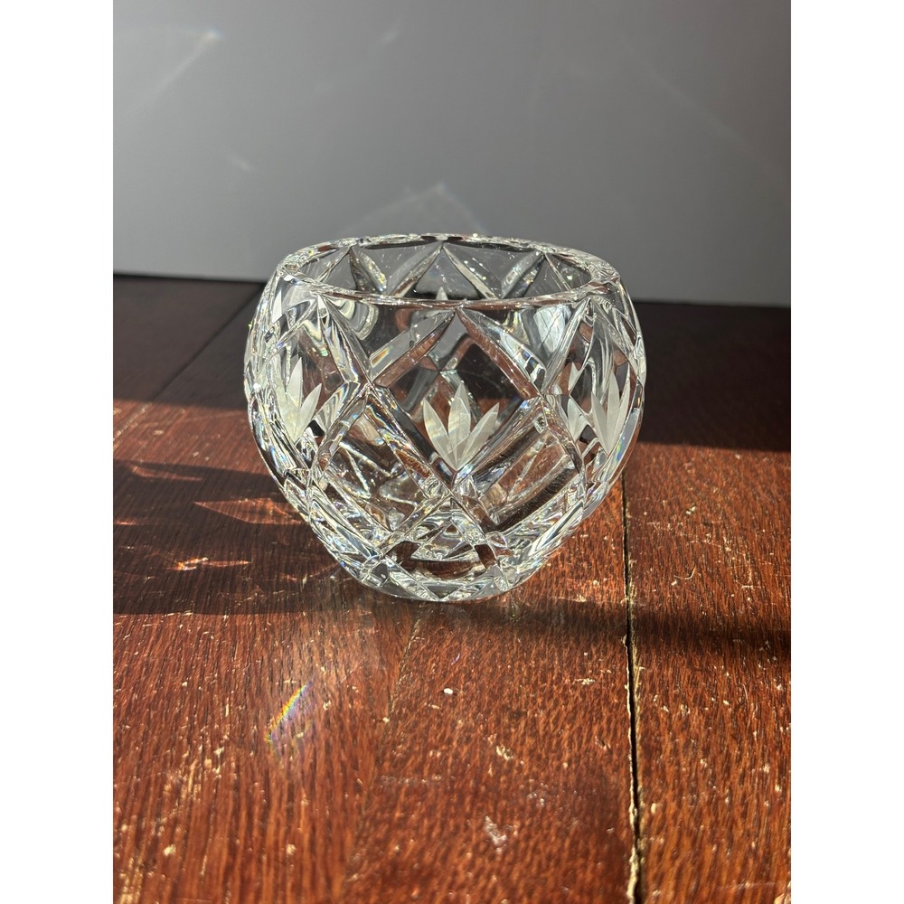 Vintage Cut Crystal Votive Candle Holder Rose Bowl Diamond Leaf Pattern
